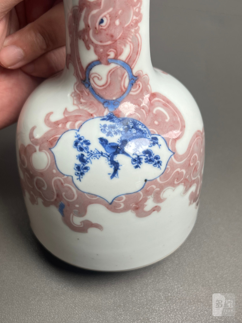 清康熙  青花釉里红夔凤开光花鸟纹双陆尊（附木盒） - 图9